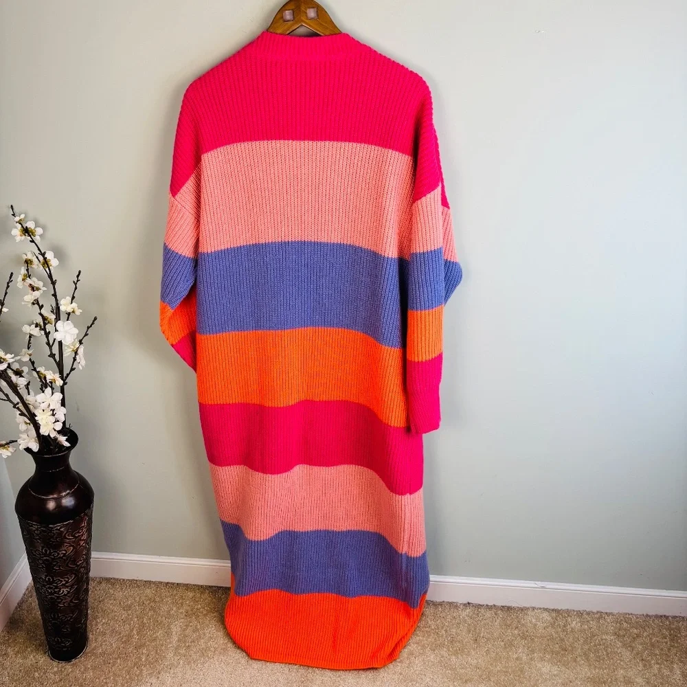 Colorblock Sweater Knit Maxi Cardigan Size XL